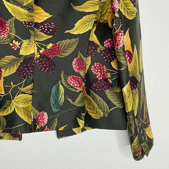 Linda Allard Ellen Tracy Green Silk Berry Print Button Up Blazer Size 10 - Picture 9 of 16